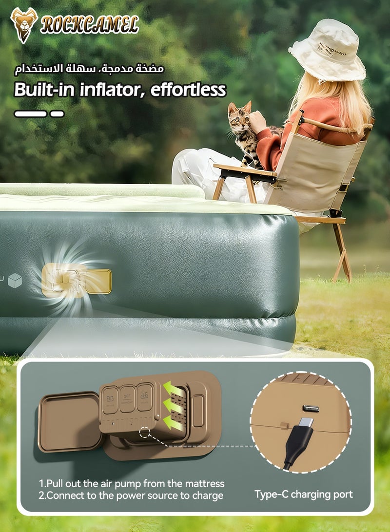 ROCKCAMEL Inflatable Air Mattress with Built-in 2600mAh Electric Pump, Thickened Double Airbed with Flock Coating, Quick Blow Up Bed for Home, Camping & Guests (Green) - Image 2